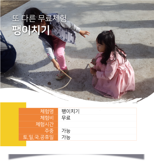 또 다른 무료체험 팽이치기 / 체험명 :팽이치기, 체험비 :무료, 체험시간 : , 주중 :가능, 토, 일, 국.공휴일 :가능 